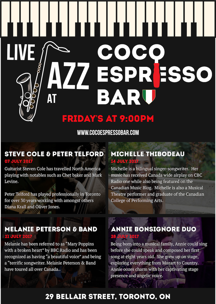 CocoEspressoBar's tweet photo. Check out our Jazz program for the month of July. Friday's at 9 PM!

#Jazz #LiveMusic #cocoyorkville #toronto #downtown #coffee #italian https://t.co/MnXPUlwbiA