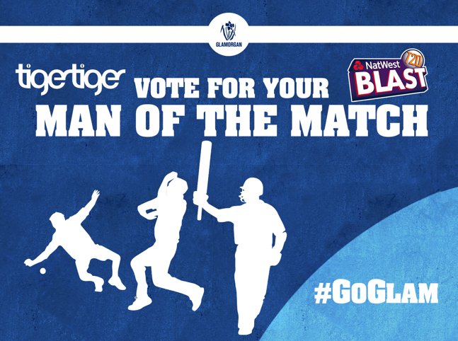 GlamCricket's tweet photo. MAN OF THE MATCH// Vote for your @TigerCardiff Glamorgan man of the match using #GoGlam followed by #VoteWagg #VoteHogan or #VoteDonald https://t.co/Bhg4KgBgeQ
