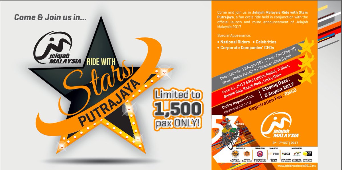 RIDE WITH STARS
26 August 2017 - 7am - Marina Putrajaya - 30km (Open)
Register bikeaway.com.my 
#jelajahmalaysia2017 #ridewithstars