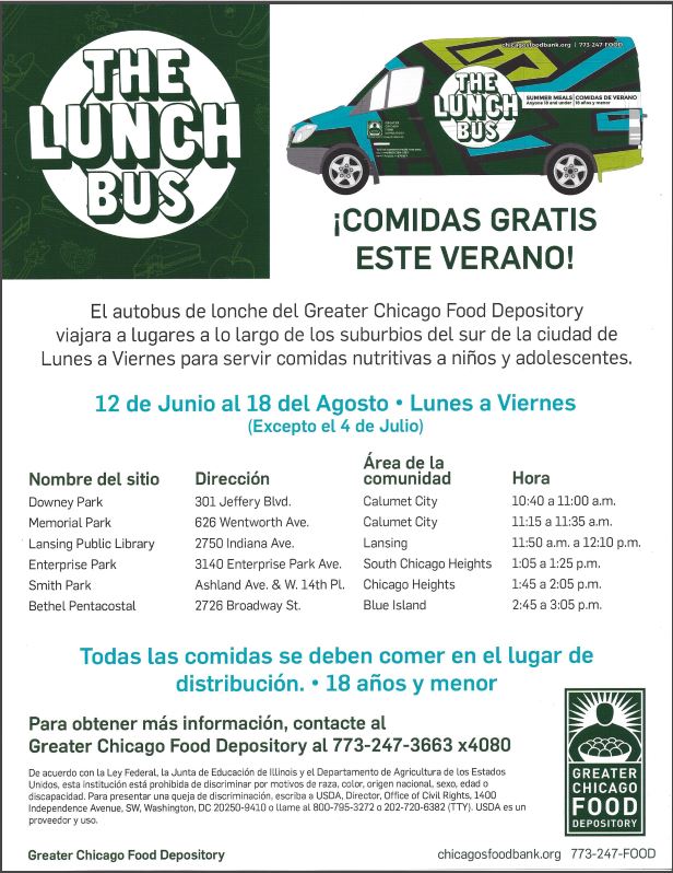 VillageofSteger's tweet photo. Information on locations near Steger for children and teens under 18 to be able to get a free nutritious meal Mon-Fri - ends 8/18. #lunchbus https://t.co/mkCmWODMBy