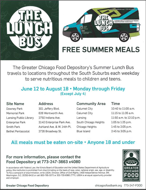 VillageofSteger's tweet photo. Information on locations near Steger for children and teens under 18 to be able to get a free nutritious meal Mon-Fri - ends 8/18. #lunchbus https://t.co/mkCmWODMBy