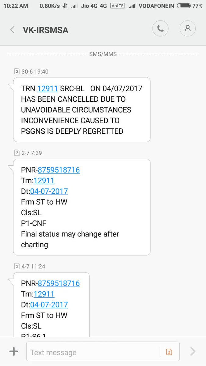 Ujjwal__Grover's tweet photo. @sureshpprabhu one day irctc msgs train 12911 is cancld, 2 days later der is a new msg, berth is cnfrmd.
Wtf is this..Irctc eating money  😑 https://t.co/gdH0QyREhL