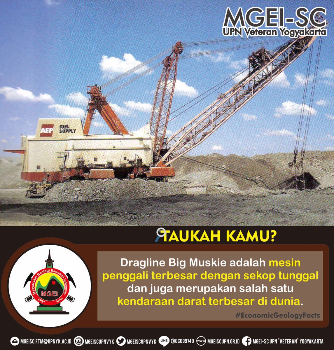 Dragline terbesar yang pernah ada adalah model Bucyrus Erie 4250-WS alias Big Muskie, dibuat pada tahun 1969
#GoHardOrGoHome