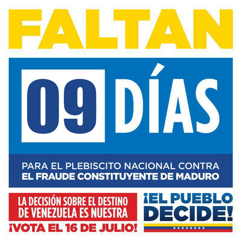 anz_protesta's tweet photo. #7jul ¡Faltan 9 días! Vota el próximo #16jul en el plebiscito contra el fraude de maduro. #anzprotesta https://t.co/lNta1JnRlX