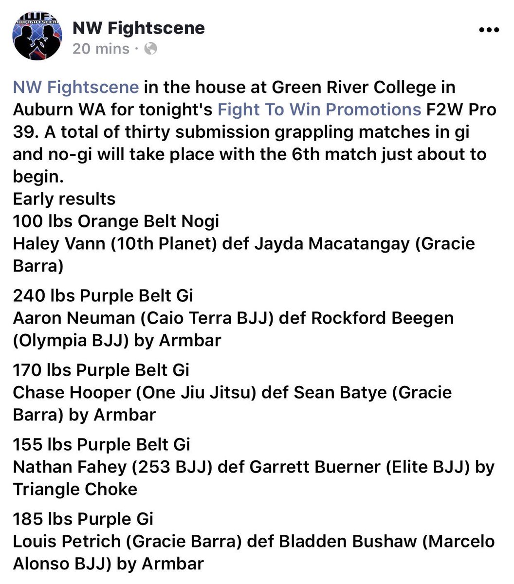 NWCombat's tweet photo. Fight to Win Pro 39 earlier results provided by @NWFightScene . Thanks you guys!! #F2WPro39 https://t.co/0egD8p2d8d