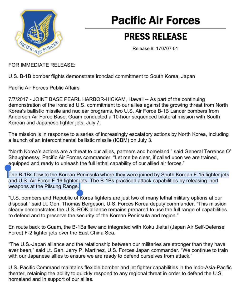 Kristinawong's tweet photo. A "gift" for North Korea: Two US B-1Bs dropped inert bombs near the DMZ, accompanied by @usairforce and South Korean fighter jets. https://t.co/YcWWku05R0
