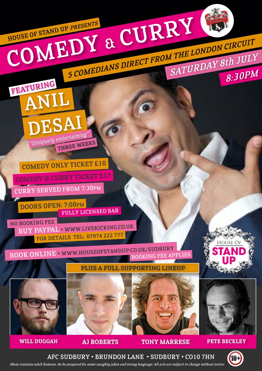 HouseofStandUp's tweet photo. COMEDY TONIGHT NEAR YOU? @AFCSudbury 
Tickets with or without curry: https://t.co/NMS54xdgzQ 
#comedy #sudbury #suffolk #colchester #ipswich https://t.co/9WvVQB3evT