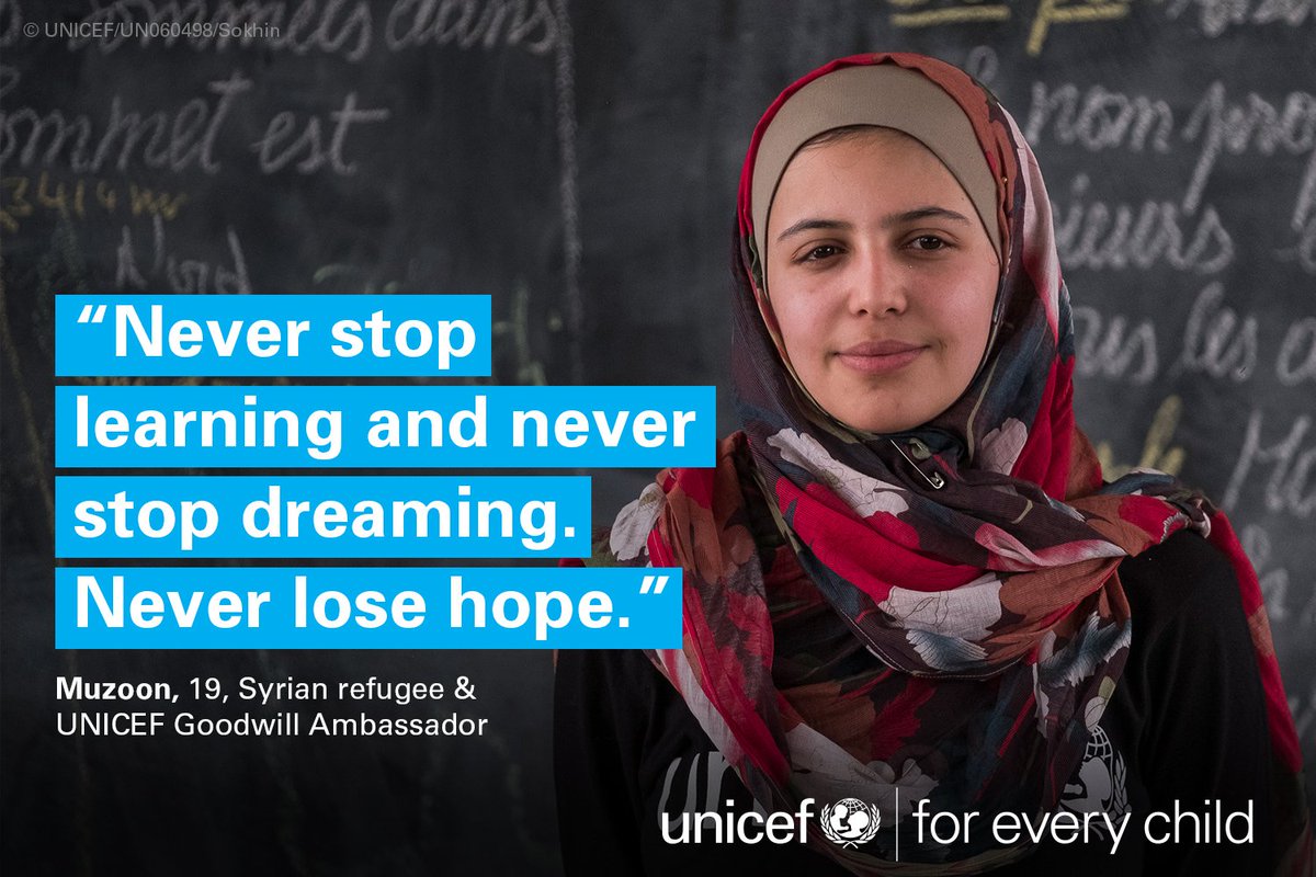 UNICEF's tweet photo. In 1 hr: #TwitterTakeover w/ Goodwill Ambassador &amp; Syrian refugee @muzoonrakan1 who is at #G20 #AChildIsAChild #ChildrenUprooted https://t.co/gwvY3vczVM