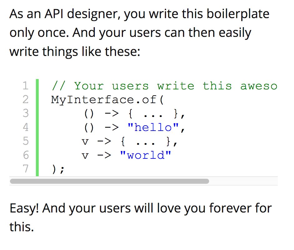 java's tweet image. A Nice #API Design Gem: Strategy Pattern With #Java Lambdas
@lukaseder
blog.jooq.org/2017/03/17/a-n…
