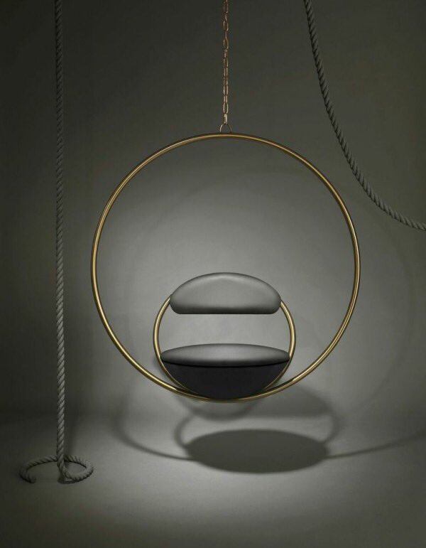 lafloexperience's tweet photo. Suspended from above, two brass plated steel circular hoops join to create the Hanging Hoop Chair https://t.co/160NNAg5Ud
