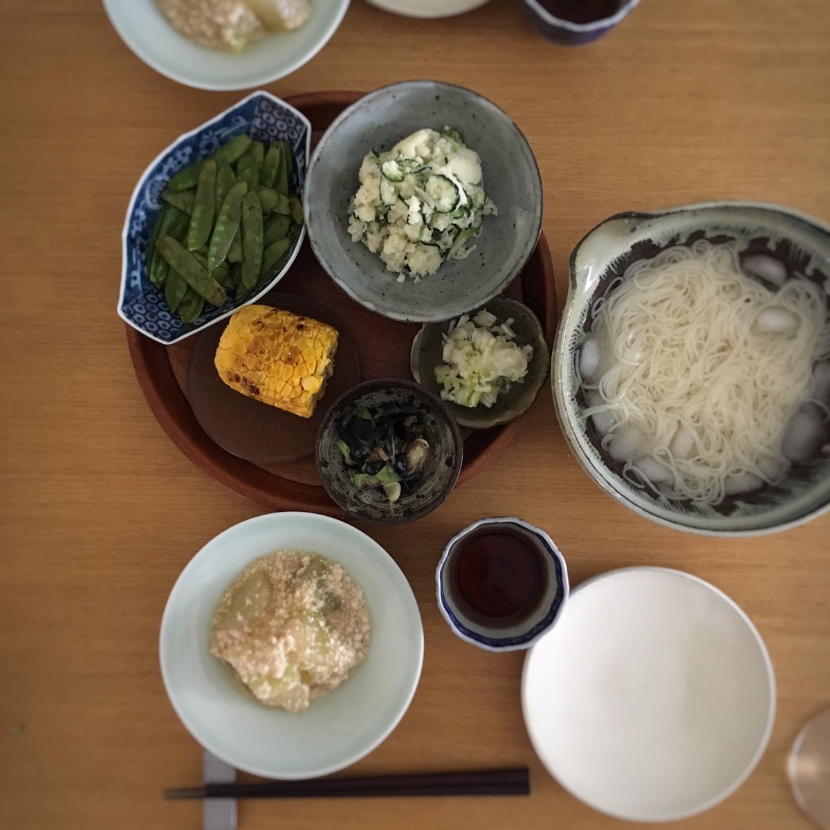 寿木けい 素麺 冬瓜の鶏そぼろあん 焼きもろこし しらすときゅうりの入ったポテサラ 絹さやの塩バター炒め 茄子の皮とみょうがの浅漬け 寿木けい 素麺 冬瓜の鶏そぼろあん 焼きもろこし しらすときゅうりの入ったポテサラ 絹さやの塩バター炒め 茄子の皮とみょうがの浅漬け