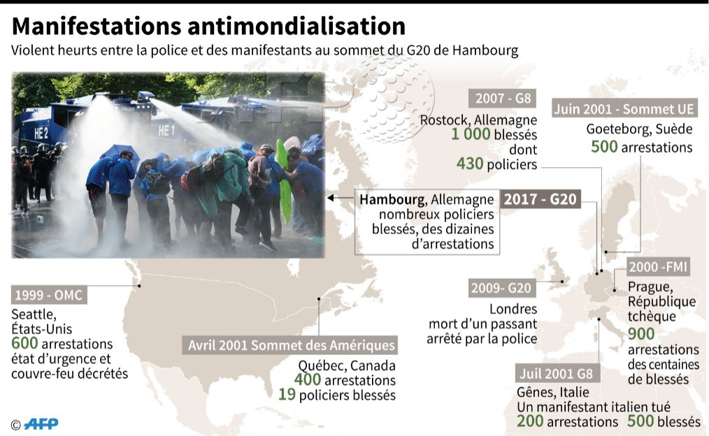 afpfr's tweet photo. #G20 Carte des manifs antimondialisation et altermondialisation lors de grands sommets internationaux, depuis Seattle en 1999 #AFP https://t.co/uYDMCRrE2F