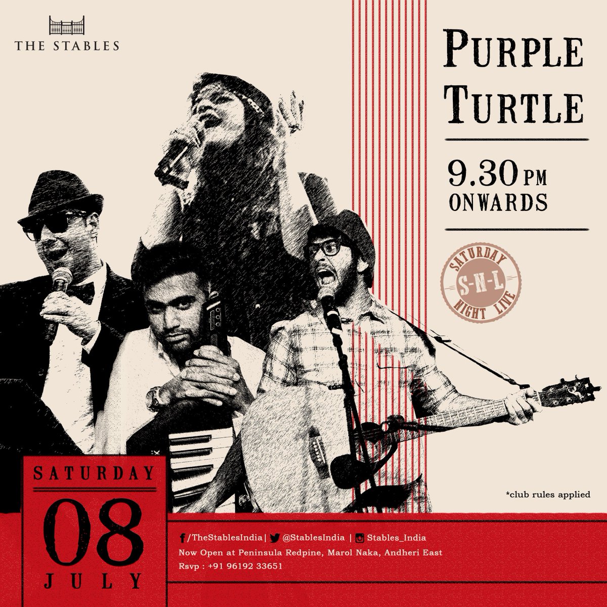 Saturday Night Live (S-N-L) @TheStablesIndia brings you #PurpleTurtle
#Retro #Pop musical wave #livemusic
9.30PM onwards.
RSVP - 9619233651