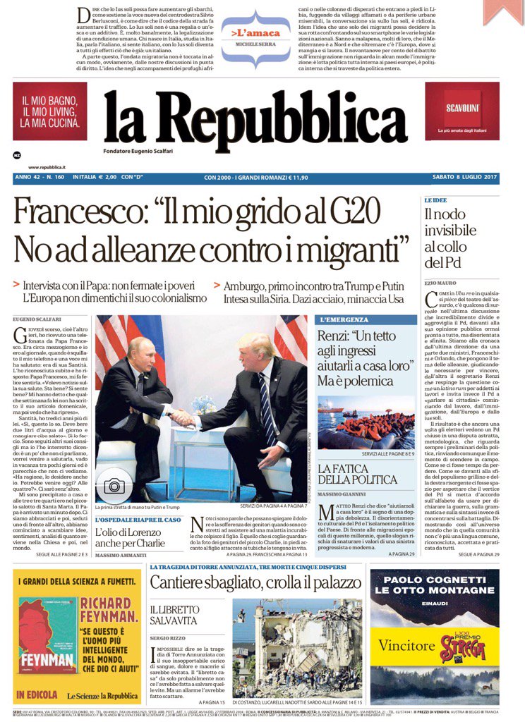 valerio_berruti's tweet photo. La prima di Repubblica. Il colloquio con Papà Francesco, il ruolo del PD e il libretto salvavita nell'edilizia https://t.co/lPc3V77QjT