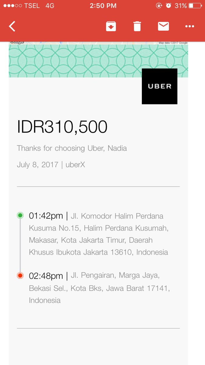 Masih mau naik uber ?? Estimasi harga 85.000 , tapi total perjalanan 310.000 . SANGAT TIDAK DIREKOMENDASIKAN ! <a href="/Uber/">Uber</a>_IDN @Uber
