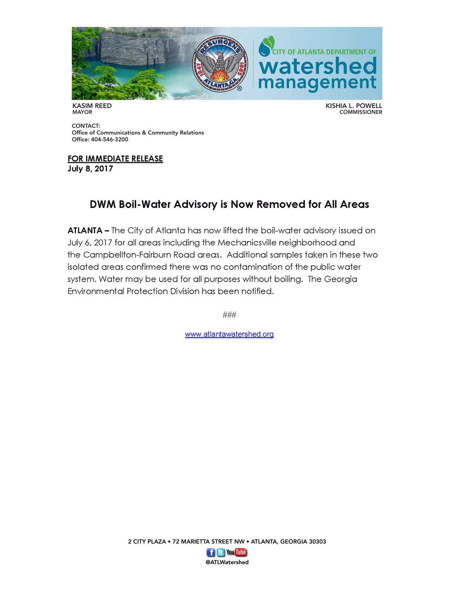 Good news this morning, Atlanta. The Boil Water Advisory has been lifted for ALL areas. Thank you for your patience. Please RT &amp; pass along.