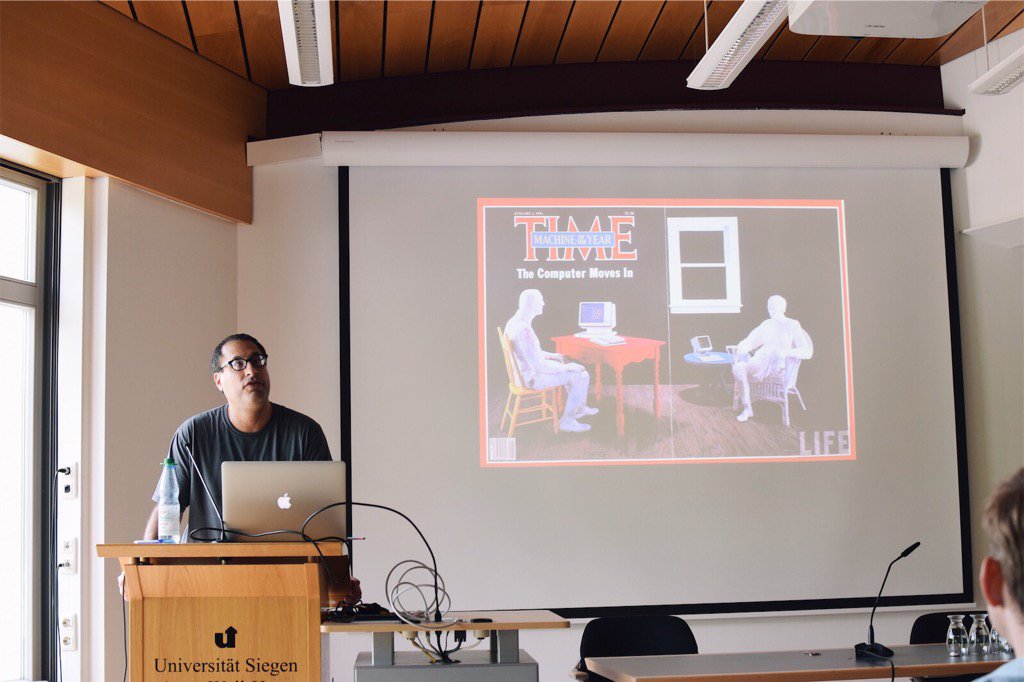 aberehrlich's tweet photo. The Computer moves in to @UniSiegen at #CompWork conference. Grand Keynote by @mkirschenbaum on Literature and Work! https://t.co/xj9arDxOf4