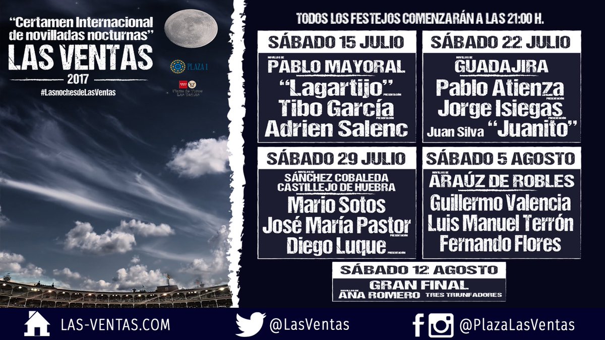 📢 Estos son los carteles del Certamen de novilladas nocturnas. Sábados del 15 de julio al 12 de agosto a las 21:00h. 
🌙#LasNochesdeLasVentas