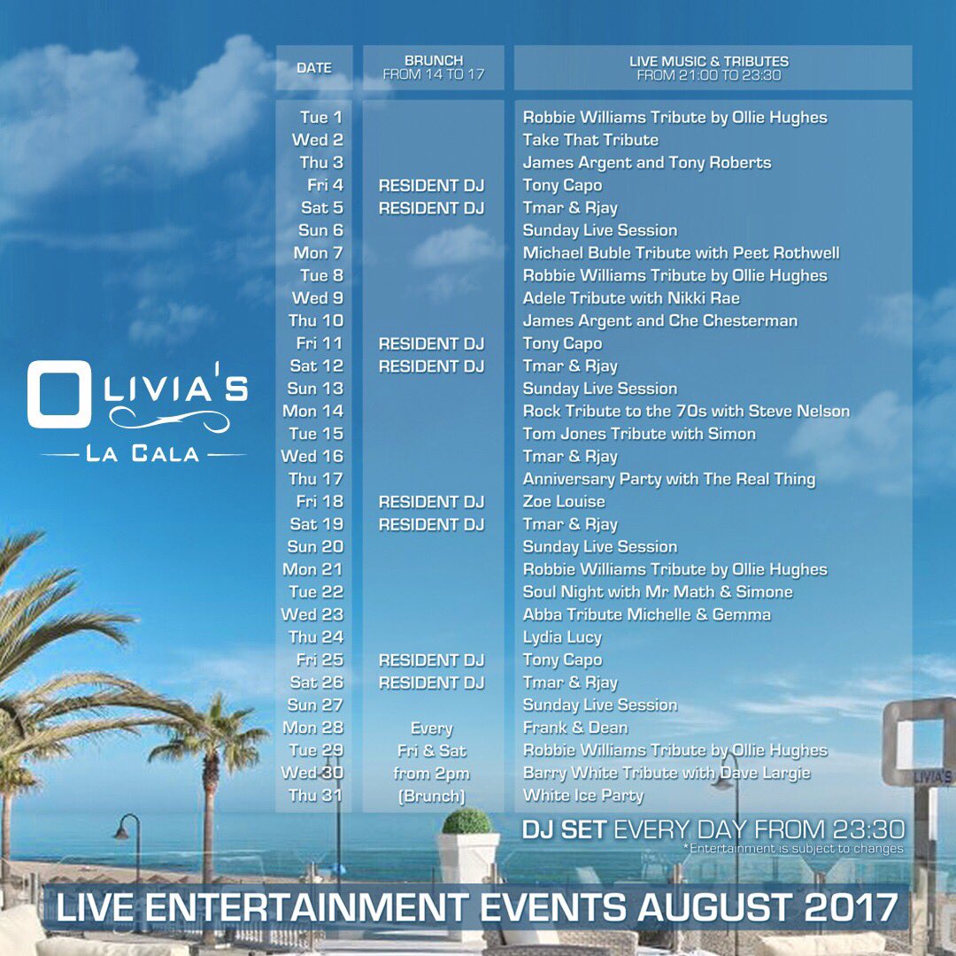 OliviasLaCala's tweet photo. 💥The fun never stops here at #OliviaslaCala❗️ Here is the first look at our AUGUST Calendar! 🤗🎉 #CostadelSol #partytime #elliottwright https://t.co/6u72bIuO2Y