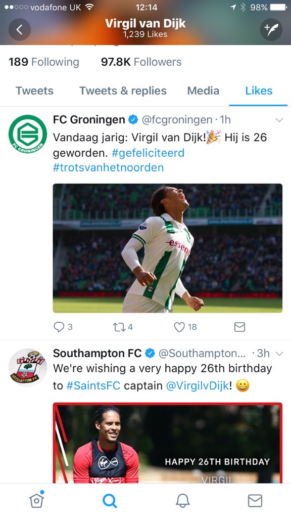 JackCane18's tweet photo. @niall_crilly @SouthamptonFC @VirgilvDijk He liked the Groningen one after ours 🙄 all good now 👌😂 https://t.co/PQqc3oSY6w