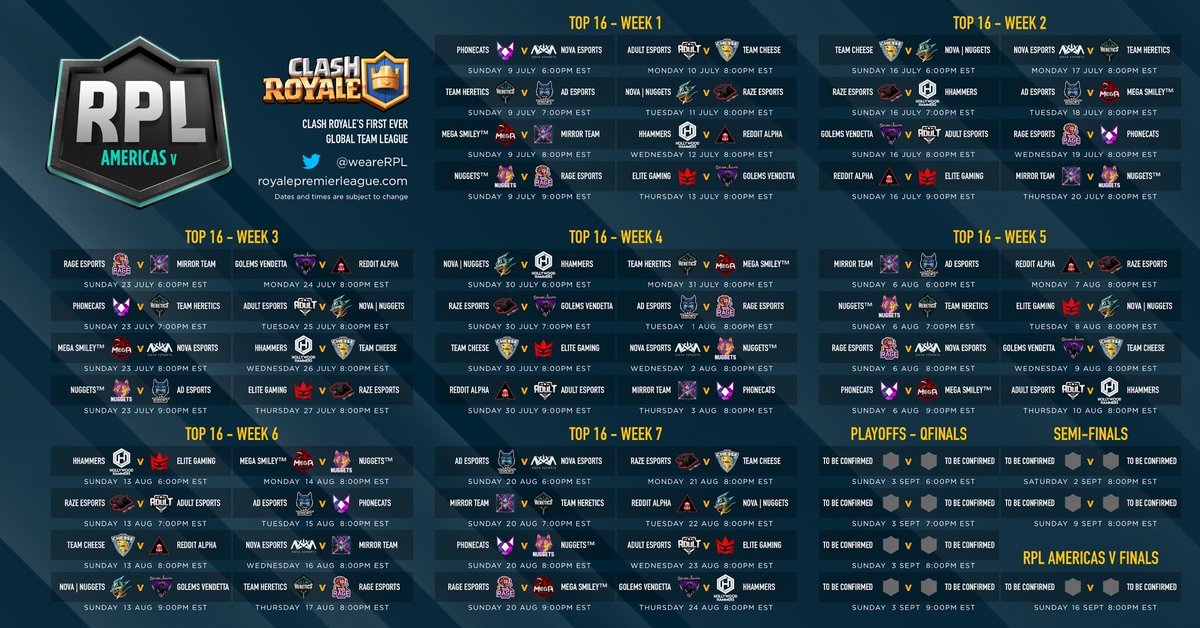 #RPLAmericasV full schedule is here! Print it out, paste it on your wall so you don't miss a match! <a href="/ClashRoyale/">Clash Royale</a>