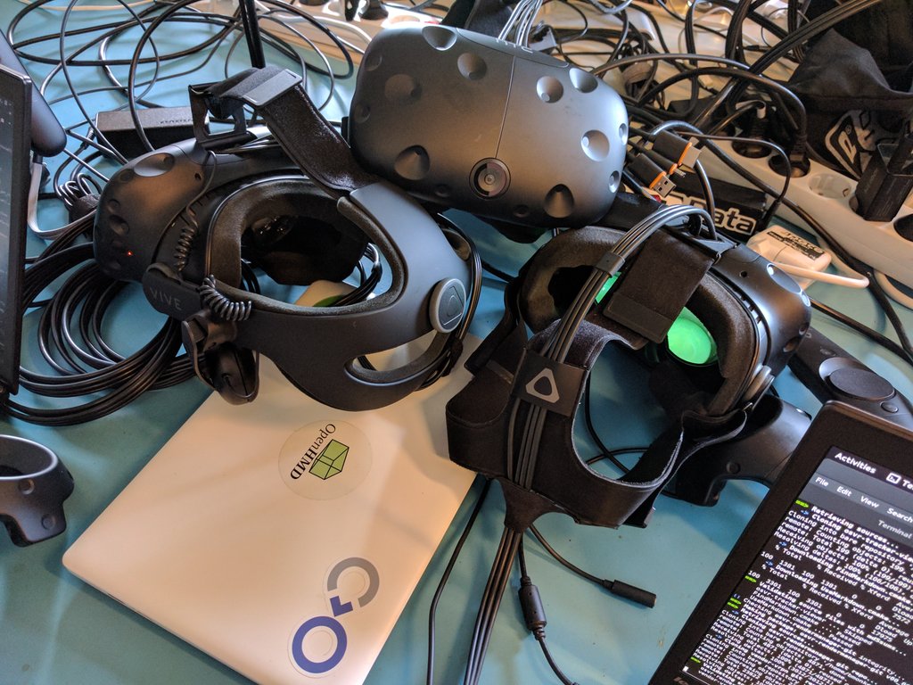 spulaniraba's tweet image. Just our pile of #vive headsets. #openhmd #hackfest