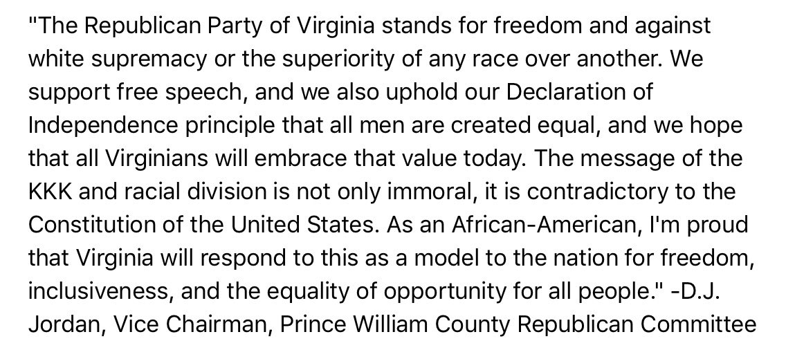 PWCGOP's tweet photo. The Republican Party of Virginia firmly stands for freedom &amp; against white supremacy or the superiority of any race. #CharlottesvilleKKK https://t.co/ximstQcIT1