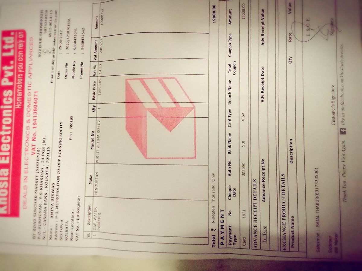 amiya_biswas's tweet photo. @SpeakUp_IN Purchased one water purifier of Pureit from Khosla Electronics on 25/06/17. But I didn't get the delivery yet. https://t.co/BrEI4Gnx7A