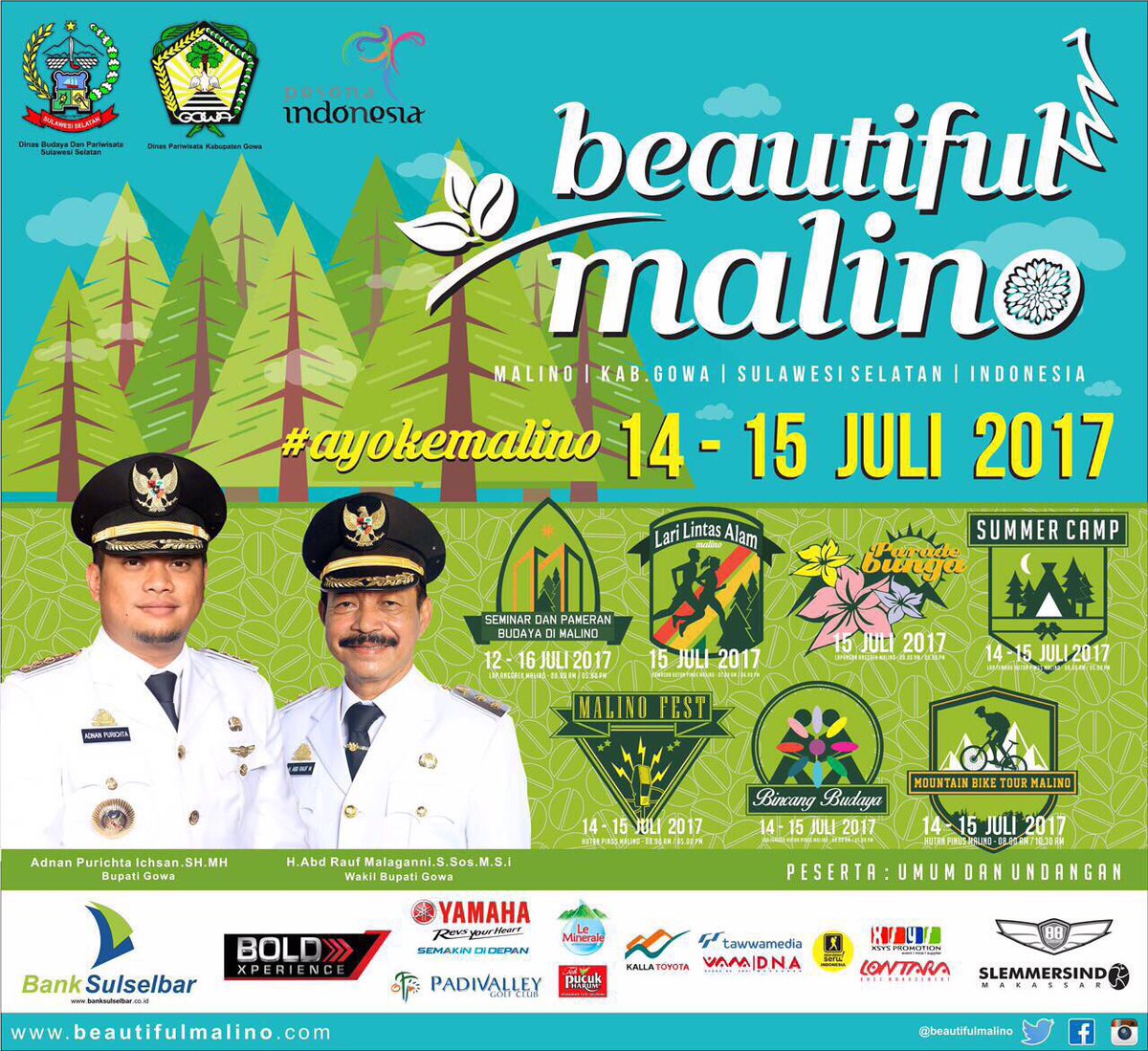 #AyoKemalino #BeautifulMalino
14 - 15 Juli 2017
#Malino #SulSel #Makassar #Gowa #Maros #Bone #Toraja #Luwu #Palopo