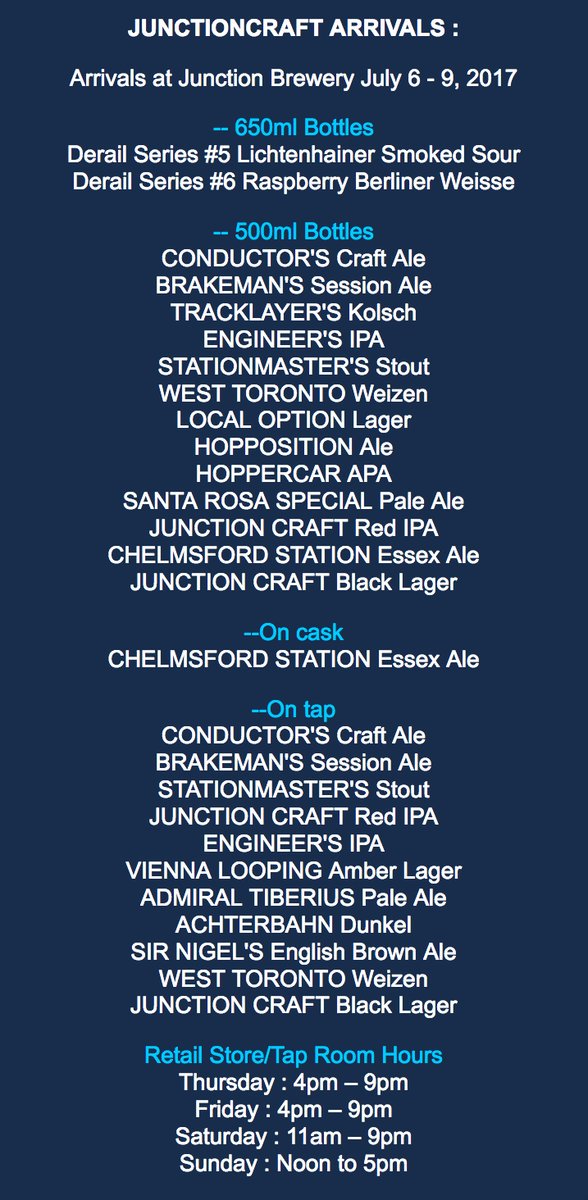 JUNCTION_CRAFT's tweet photo. Sarah has tapped a fresh keg of GHOST TRAIN IPA featuring #SummitHops ...
We are open 11 am to 9pm today #AleYards #JunctionTO ππ» https://t.co/3YWAgqWh0E