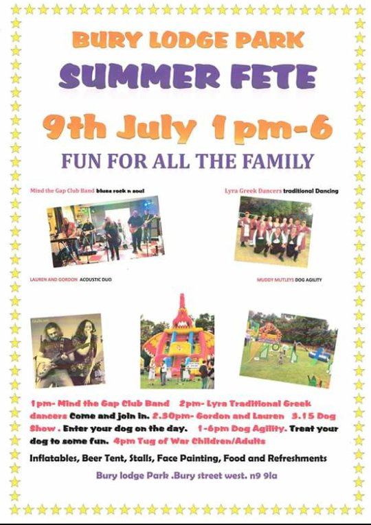 We are performing tomorrow 9/7 at 2pm @ Friends of Bury Lodge Park Summer Fete, a charitable event. 

Bury Street West, London N9 9LA
