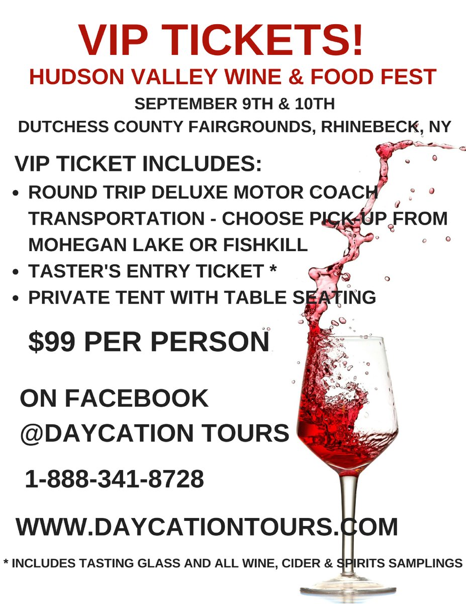 DaycationTours's tweet photo. VIP package Hudson Valley Wine &amp; Food Fest $99 includes motor coach transportation and private VIP tent! #HudsonValley #winefest #FoodFest https://t.co/AvblBge2x1