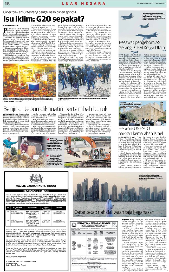 Utusan Malaysia Ø¹Ù„Ù‰ ØªÙˆÙŠØªØ± Isu Iklim G20 Sepakat Luar Negara Mingguan Malaysia 9 7 2017 Luarnegara Qatar Banjir Https T Co Mbsayyqk3f ØªÙˆÙŠØªØ±
