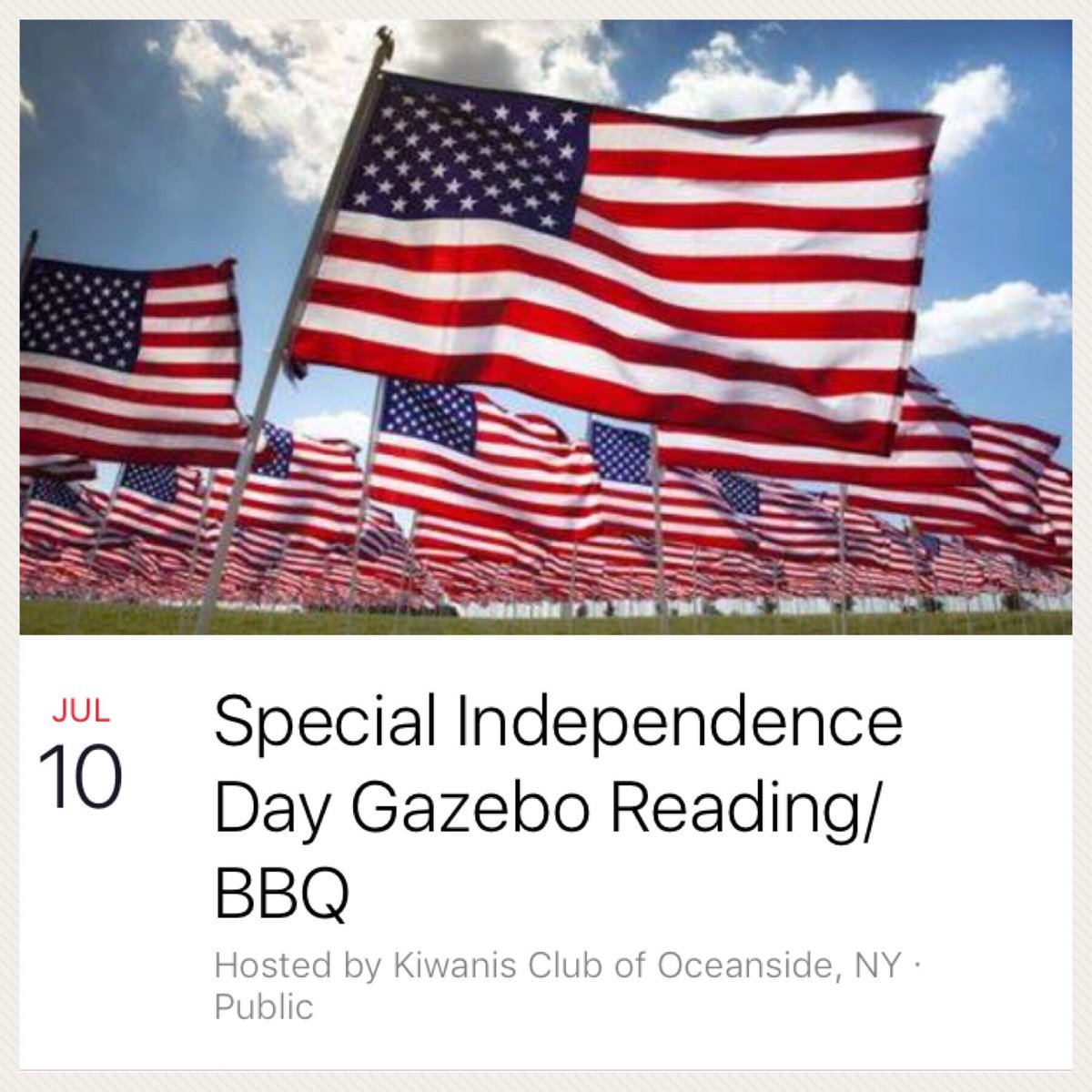 OceansideKiwans's tweet photo. Free BBQ @ 6:30-Patriotic Readings @ 7-Collecting Paperbacks 4 Troops @ Schoolhouse Green #OceansideNY #OperationPaperback #KiwanisForKids https://t.co/UwfAwhMXcy