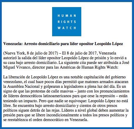 Está en casa, pero no libre. La presión internacional para restablecer la democracia debe seguir. Pronunciamiento @hrw sobre @leopoldolopez https://t.co/569SULJdC3
