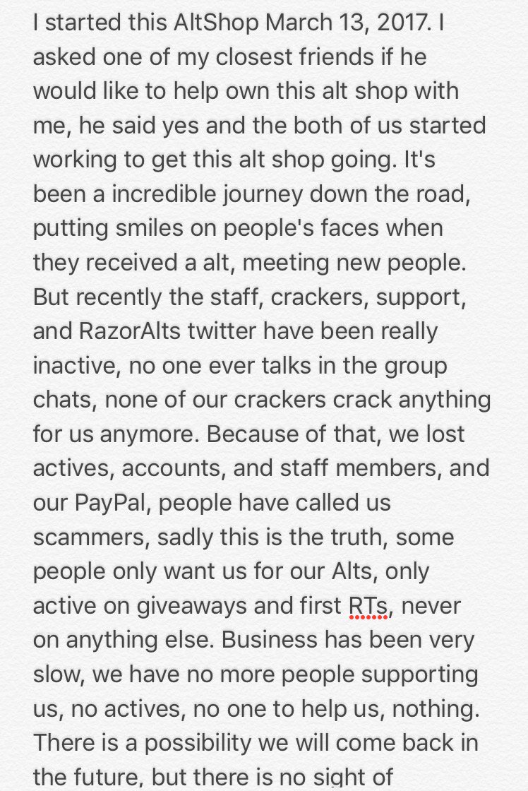 RazorAlts's tweet photo. The reason why we're closing:

The bottom says:
"But there is no sight of RazorAlts coming back"

-Thank you everyone for everything 
😊 https://t.co/dwYS1lpaxm