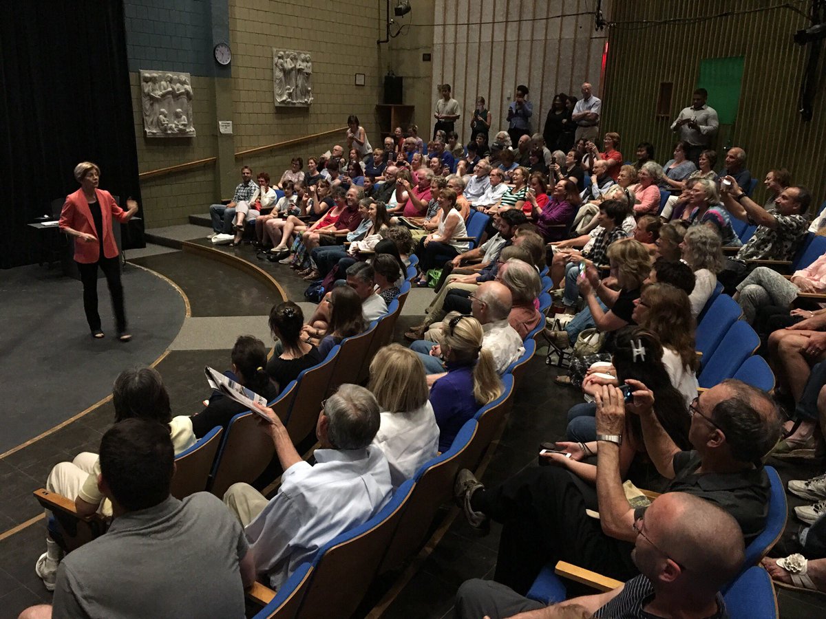SenWarren's tweet photo. We filled 2 auditoriums & still had folks waiting outside for our terrific Pittsfield town hall today. Thanks for making your voices heard! https://t.co/tMzz2JQExC