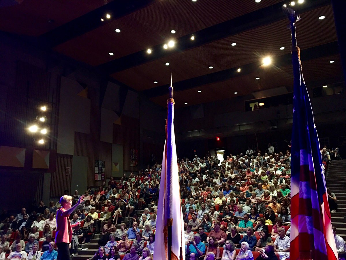 SenWarren's tweet photo. We filled 2 auditoriums & still had folks waiting outside for our terrific Pittsfield town hall today. Thanks for making your voices heard! https://t.co/tMzz2JQExC