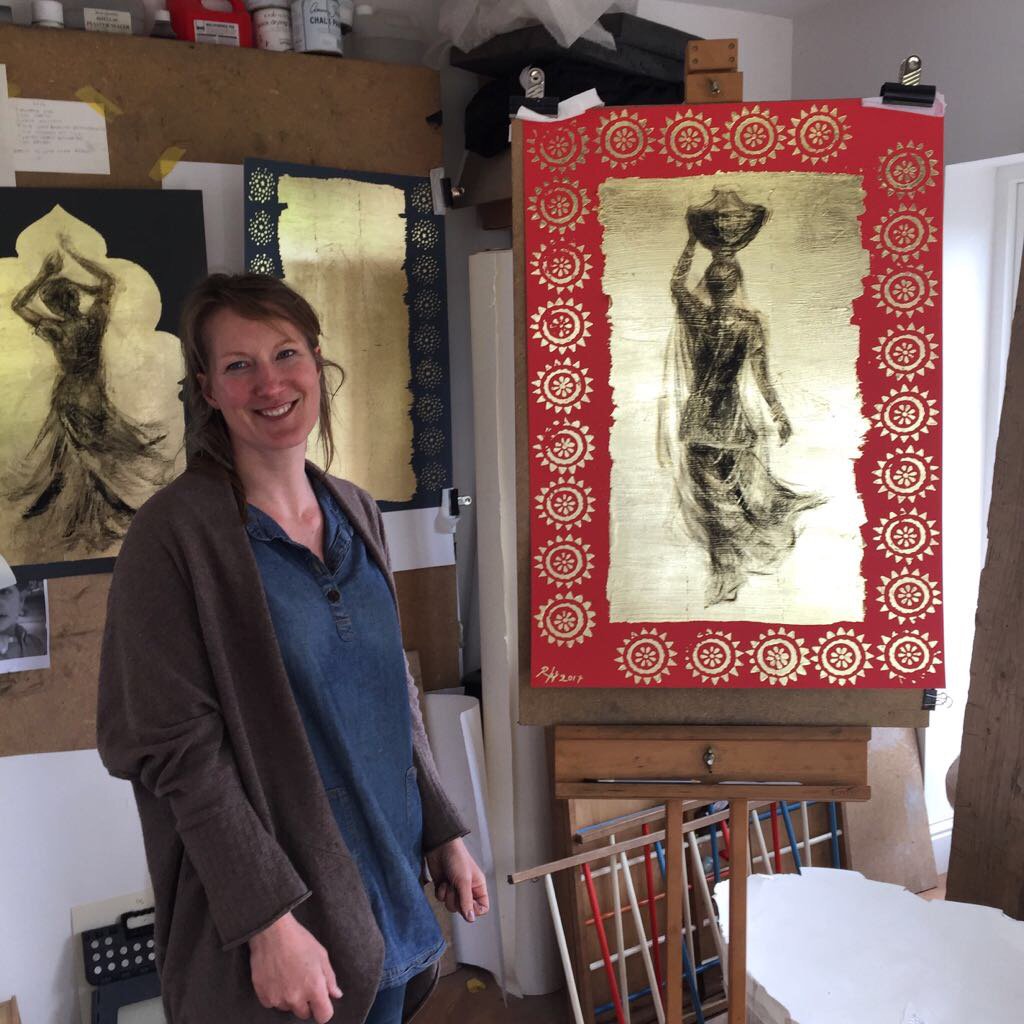 Loving Rebecca Hawkin's Charcoal on gold-leaf series: grandyart.com/portfolio.php?…  #India #woman #charcoal #gold-leaf #art #grandyart #interiors