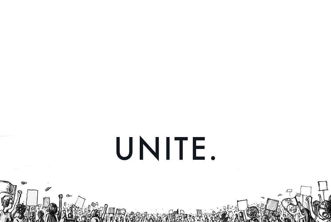 ‪[IMAGE DESCRIPTION: On a white background, the word "unite" is written in all caps. At the bottom of the image is a sketch of a mass demonstration from a birds-eye-view, with people holding signs.]‬