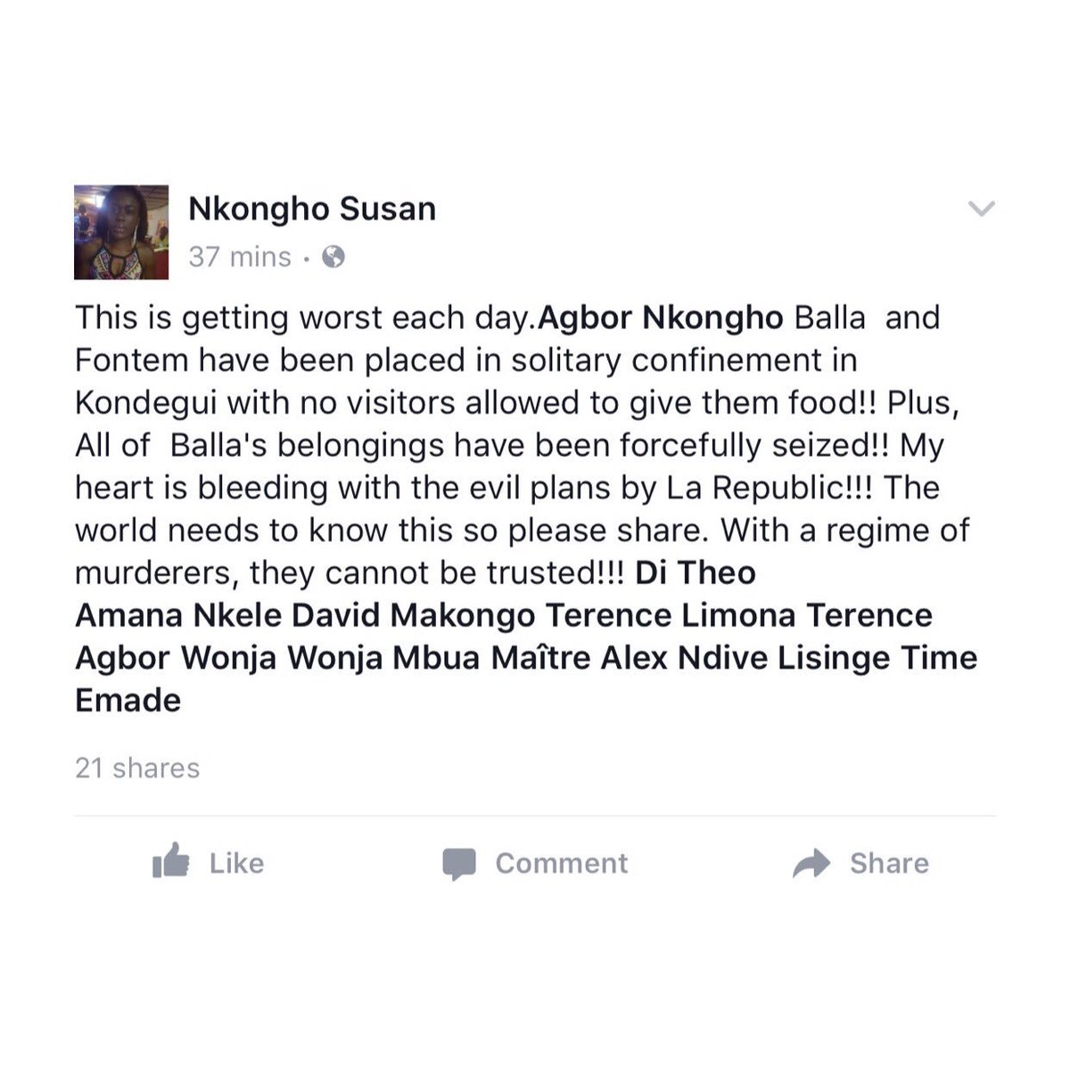 AlbertNchinda's tweet photo. Nkongho Agbor Felix &amp; Fontem Neba, placed in solitary confinement, no food allowed &amp; belongings seized.
#FreeAllArrested #Cameroon #Cameroun https://t.co/4u3qmJoWXK