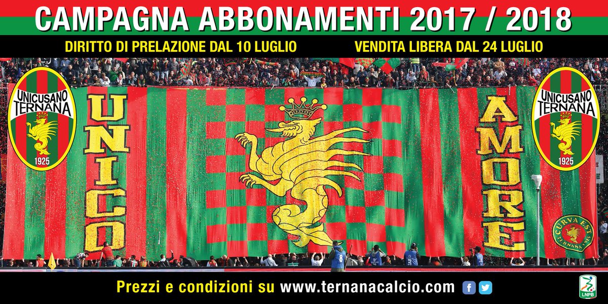 TernanaOfficial's tweet photo. #UnicoAmore: Al via la campagna abbonamenti 2017/18! https://t.co/7c6gZANB9O #SerieB ConTe.it #CalcioVero #Fere #UnicusanoTernana #LNPB https://t.co/d0O8SJEttB