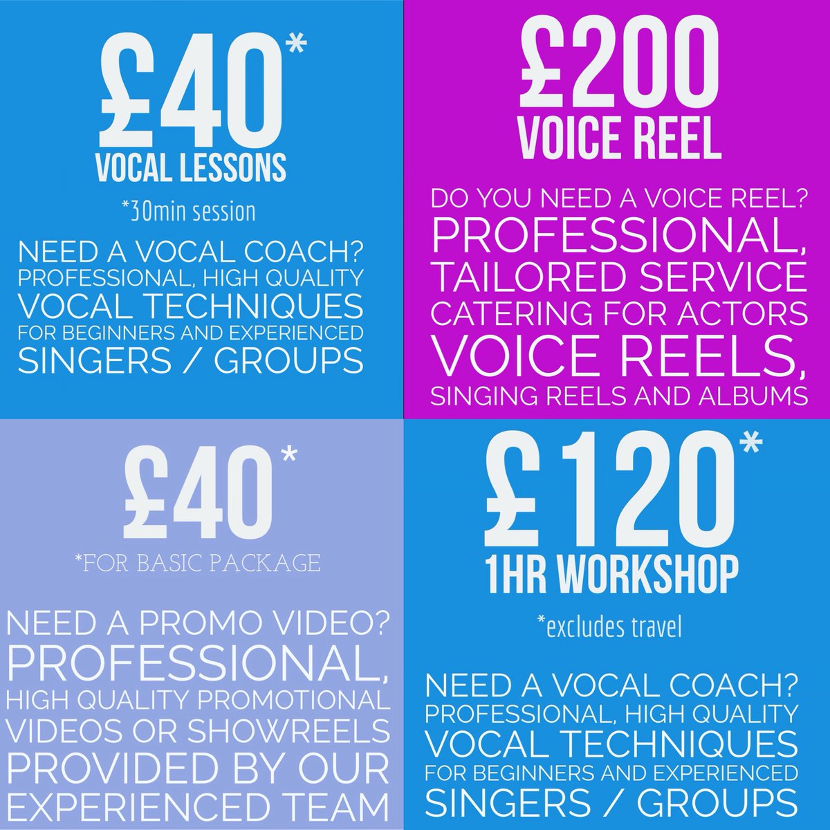 sb_vocal's tweet photo. Just some of the services we provide. Look us up on Facebook for more info! #singing #teachsinging #showreelmaking #voiceover #hire https://t.co/3mPpN60hTX