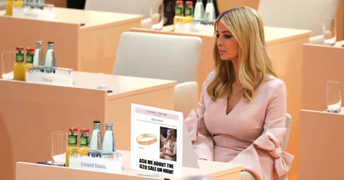 christoq's tweet photo. #IvankaTrump #AskAboutOurManicureService #WhyAmIHereAgain? #G20Summit #G20 #G20Sale! #TiedToTheChair #DaydreamingLikeDad #July4th #NoKings https://t.co/6mgp9zG4Hm
