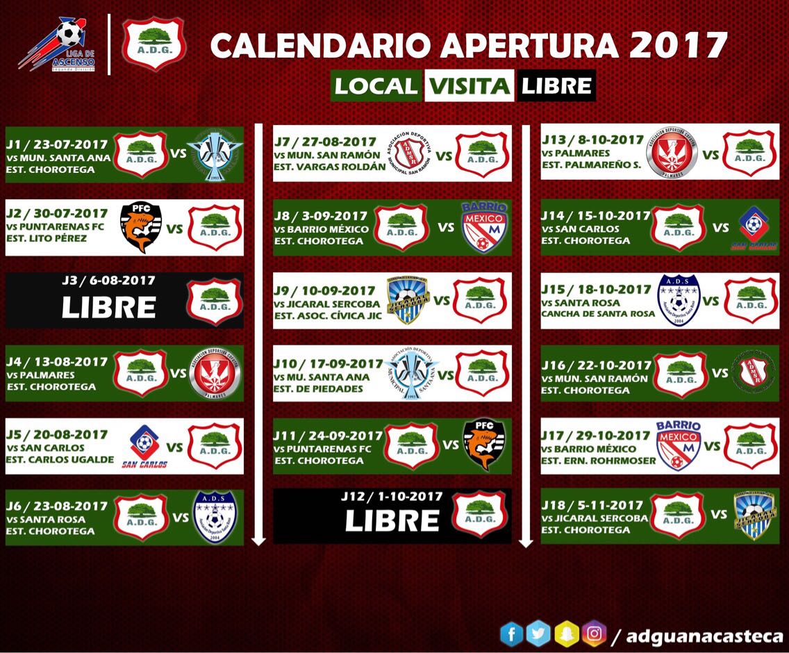 ADGuanacasteca's tweet photo. Les dejamos el Calendario oficial de nuestro equipo para el Torneo Apertura 2017 #ADGESMIEQUIPO https://t.co/inTIft4F9P