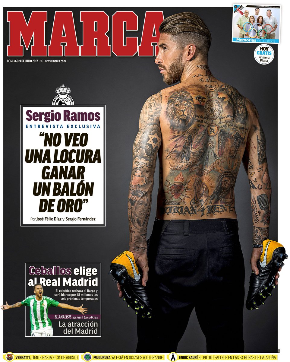 marca's tweet photo. #LaPortada "No veo una locura ganar un Balón de Oro". Este domingo, en MARCA, entrevista exclusiva a @SergioRamos 🗞 https://t.co/yZJeWhx63b