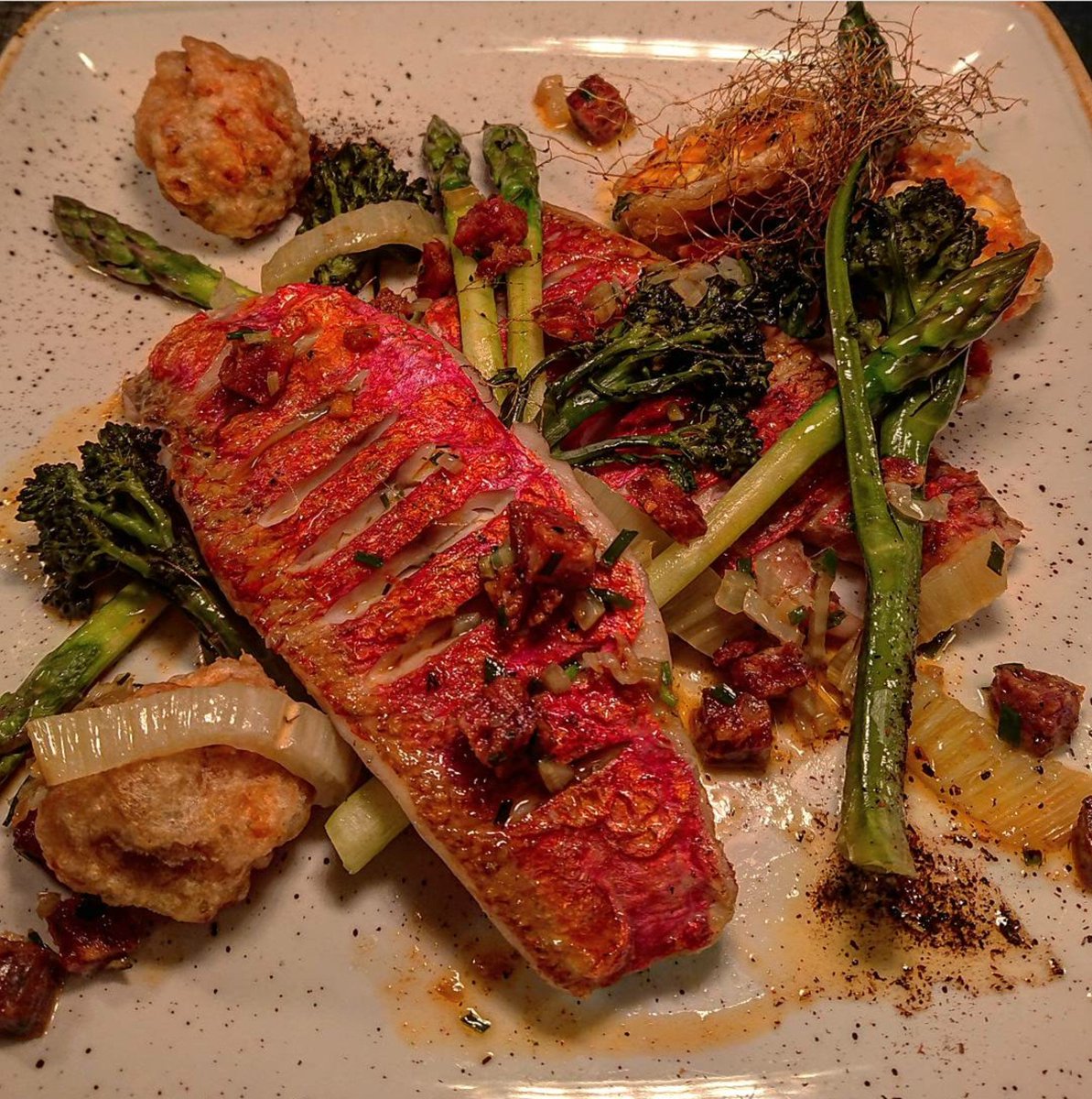 Red Mullet, <a href="/BallymakennyF/">Ballymakenny Farm®</a> Purple Sprouting Broccoli, Asparagus, Fennel, BBQ Sweetcorn Fritters, Chorizo. 
#summerfood #seasonalfish