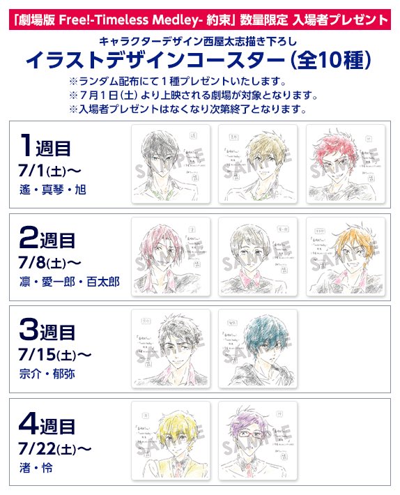 Free シリーズ公式 Twitter પર 劇場版 Free Timeless Medley 約束 公開中です 数量限定 入場者プレゼント2週目は 新規書き下ろしイラストデザインコースター 凛 愛一郎 百太郎 です ランダム配布にて1種プレゼント 皆様のご来場をお待ちしております Free シリーズ公式 Twitter પર 劇場版 Free Timeless Medley 約束 公開中です 数量限定 入場者プレゼント2週目は 新規書き下ろしイラストデザインコースター 凛 愛一郎 百太郎 です ランダム配布にて1種プレゼント 皆様のご来場をお待ちしております