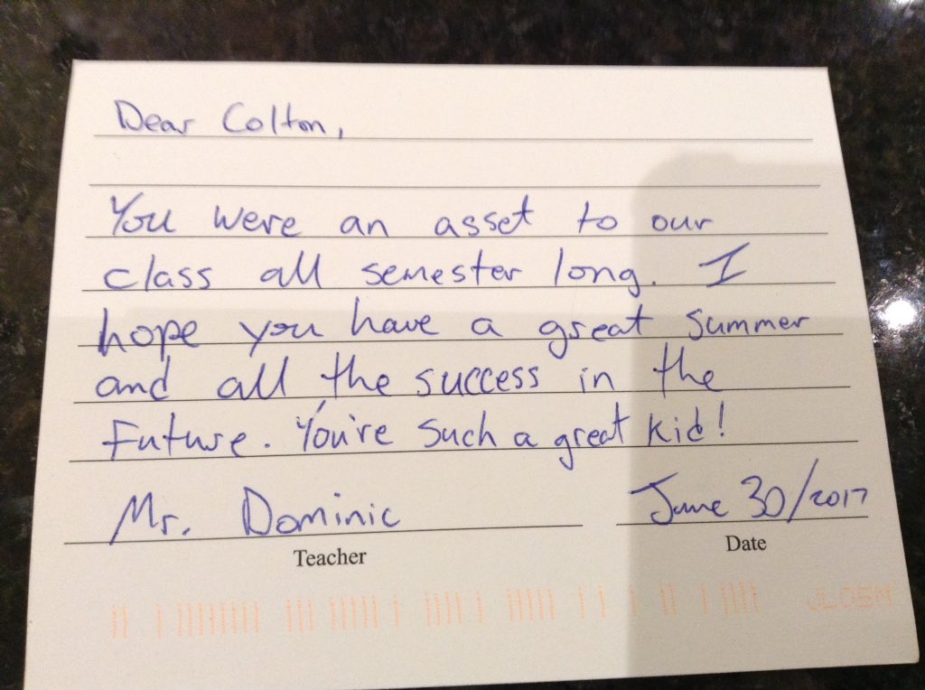 PamleePlee's tweet photo. Wow! My son got this note in the mail 2day from his gr. 10 Business teacher! Thx Mr. Dominic! U made a difference! @SCDSB_Schools https://t.co/wghxuQu9Rk