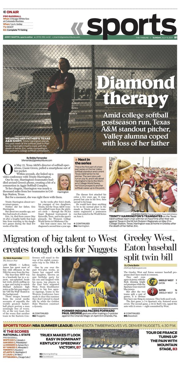 gtribsports's tweet photo. FRONT PAGE: @ValleyHS_Sports alumna Trinity Harrington pitched for @AggieSoftball at #wcws2017 just 9 days after death of her father. https://t.co/RMtSnaZRi0